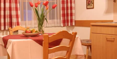 Gemütliche Wohn-Essküche in Holz Blick in eines unserer Appartements